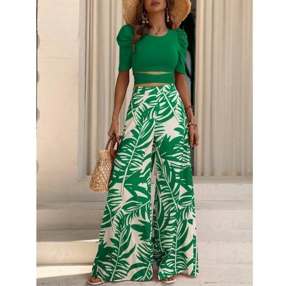 Green Boho Coord set Tie Back Tee & Tropical Print Wide Leg Pants - Picture 7 of 7